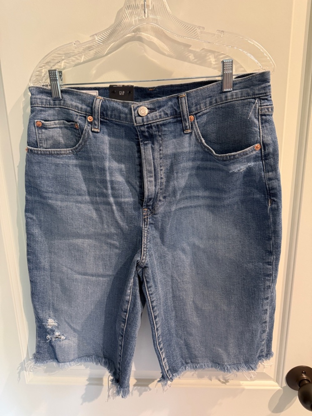 GAP Size 12 TALL Distressed High-Rise Denim Bermuda Shorts - Blue Wash